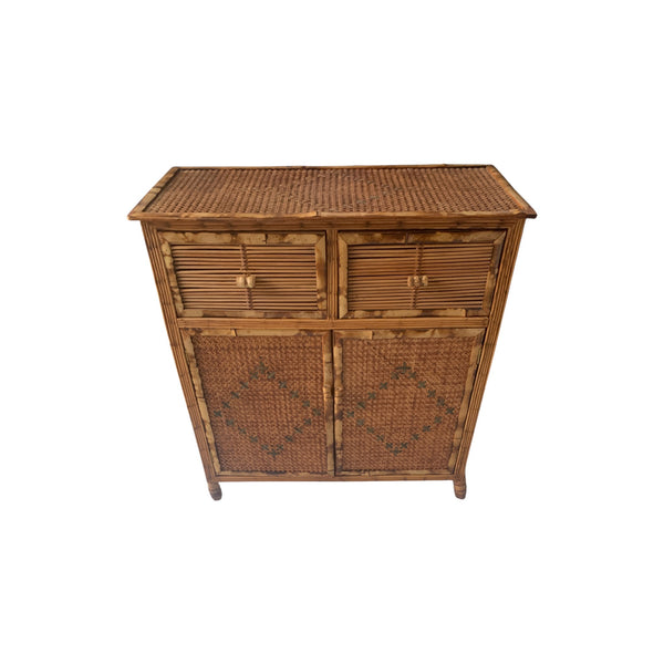 Burnt Bamboo and Cane Coastal Woven Rattan Cabinet