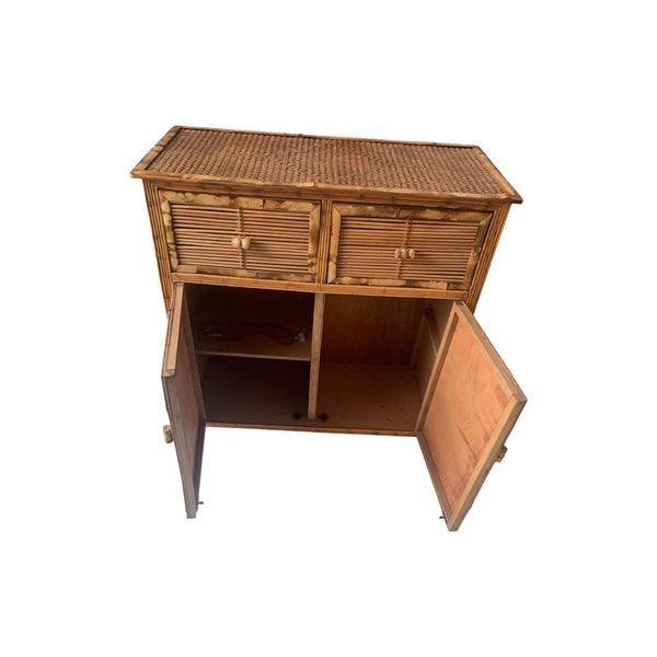 Burnt Bamboo and Cane Coastal Woven Rattan Cabinet