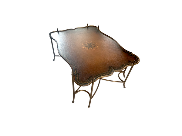 Vintage Gilded Iron Faux Bois Coffee Table with Tole Painted Tray Style Top