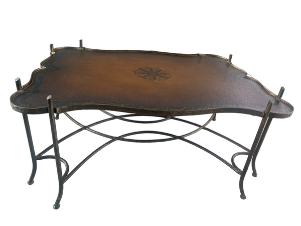 Vintage Gilded Iron Faux Bois Coffee Table with Tole Painted Tray Style Top