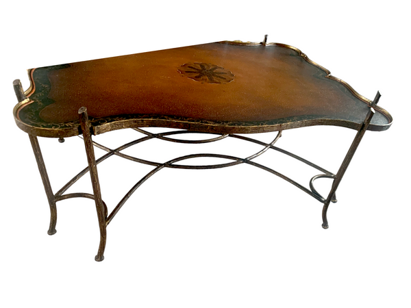 Vintage Gilded Iron Faux Bois Coffee Table with Tole Painted Tray Style Top