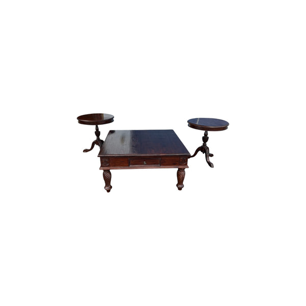 Vintage Tommy Bahama Style wooden coffee/end tables set with pineapple accents.