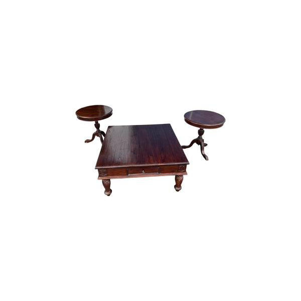 Vintage Tommy Bahama Style wooden coffee/end tables set with pineapple accents.