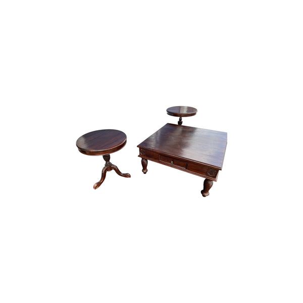 Vintage Tommy Bahama Style wooden coffee/end tables set with pineapple accents.