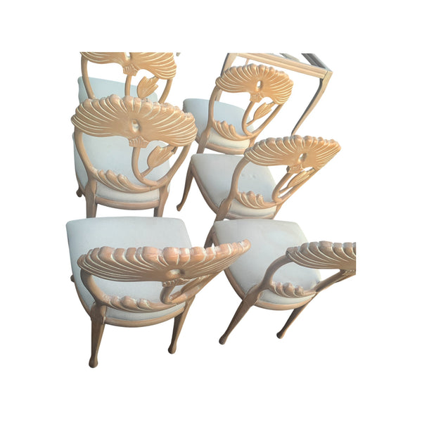 Lime Wash Lotus Floral Carved Dining set In the Manner of Phyllis Morris