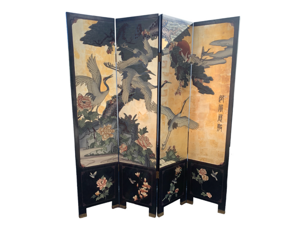 Vintage Oriental Double Side Gold  and Black Lacquer Room Divider Folding Screen