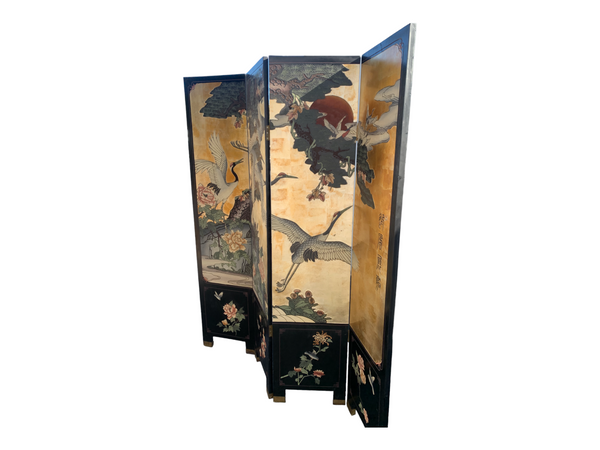 Vintage Oriental Double Side Gold  and Black Lacquer Room Divider Folding Screen