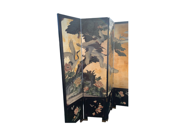 Vintage Oriental Double Side Gold  and Black Lacquer Room Divider Folding Screen