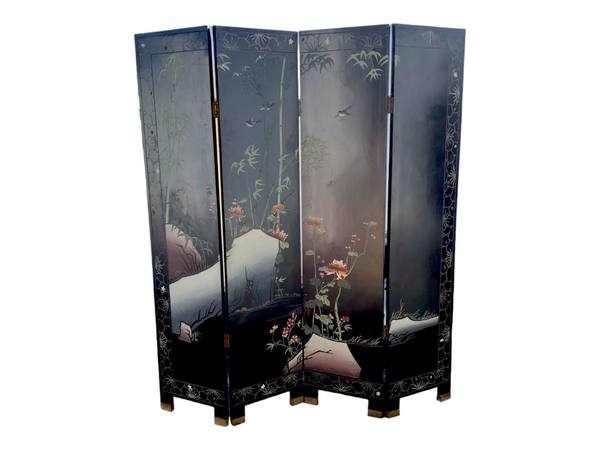 Vintage Oriental Double Side Gold  and Black Lacquer Room Divider Folding Screen