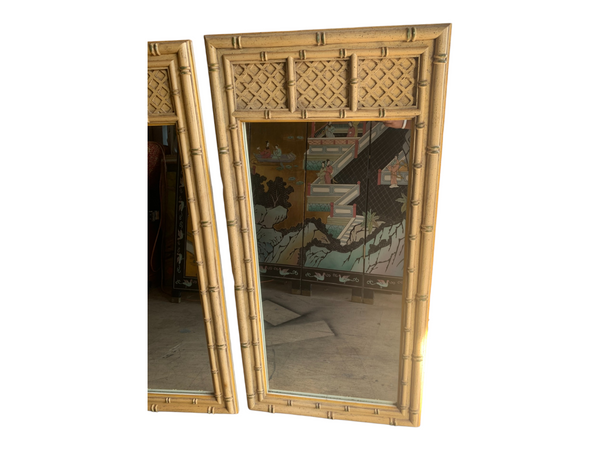 Vintage wooden faux bamboo mirrors a pair