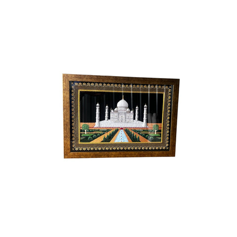 Zardozi Kashmir Taj Mahal Gold Carved Wall Panel w/ Precious Embroidery Thread