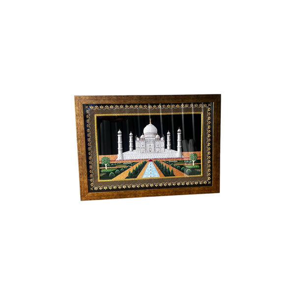 Zardozi Kashmir Taj Mahal Gold Carved Wall Panel w/ Precious Embroidery Thread