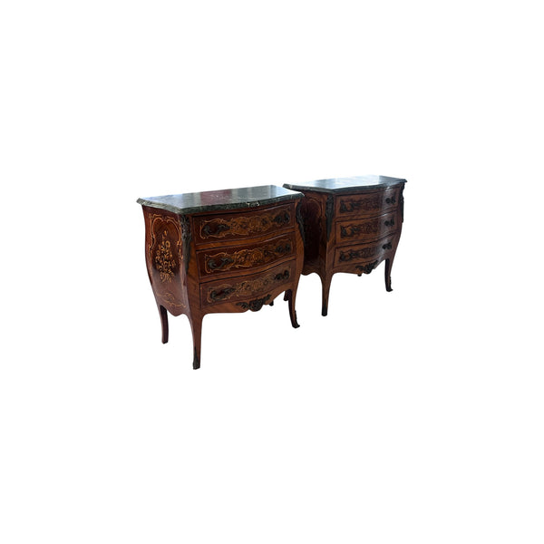 Pair of Marquetry French Bombe Inlaid Chests of 3 Drawers, Louis XV with marble top