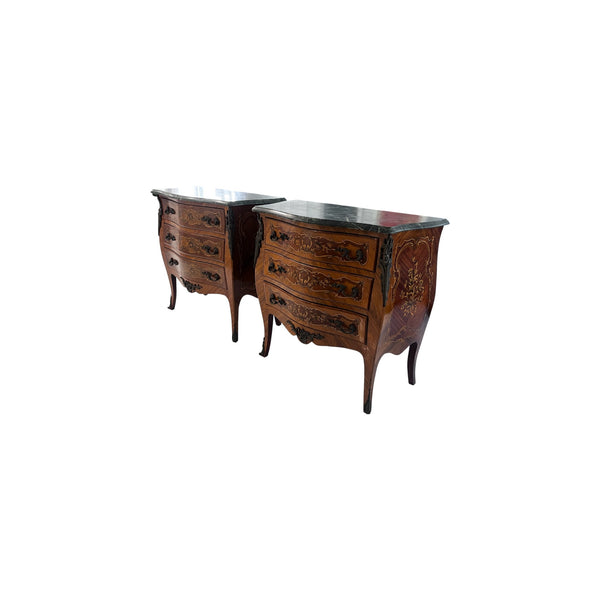 Pair of Marquetry French Bombe Inlaid Chests of 3 Drawers, Louis XV with marble top