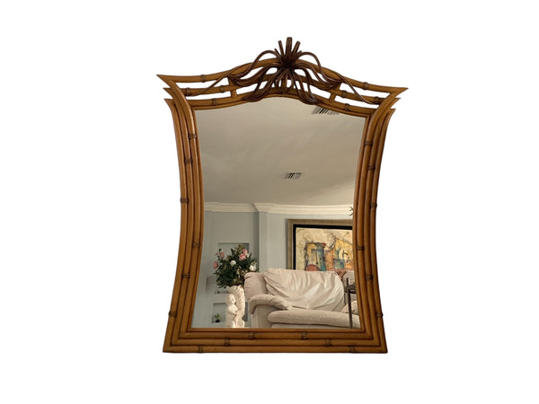 Mid-Century Modern Framed Handcrafted Bamboo, Wood & Wicker Wall Mirror