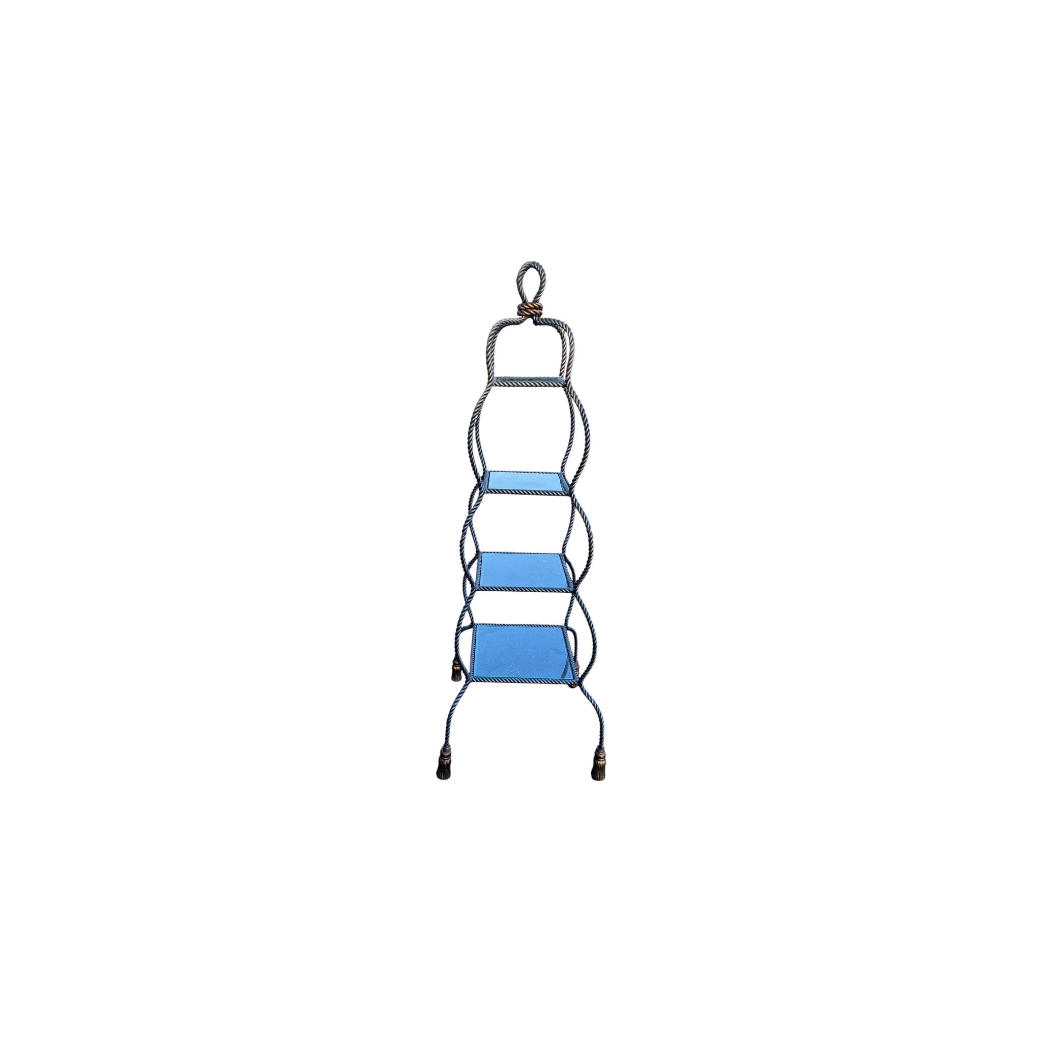 Regency Twisted Metal Rope 4 Tier Glass Shelf Etagere with tassels feet 65.5" H,