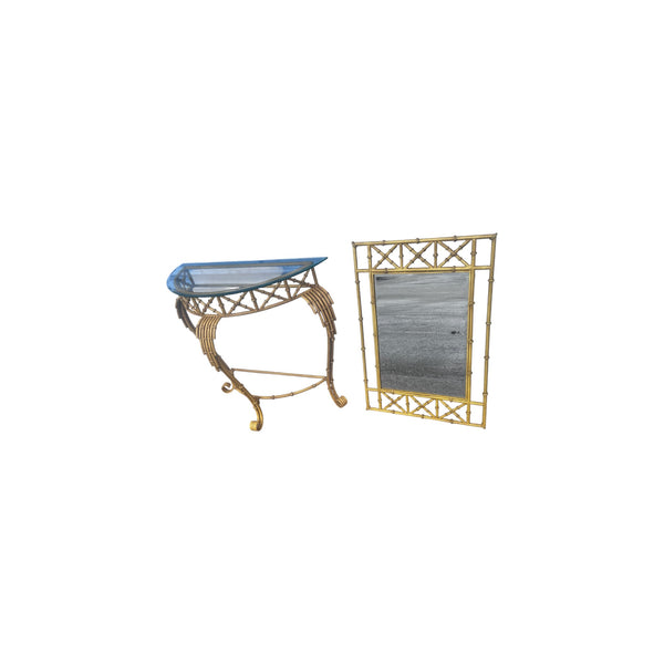 Hollywood Regency Faux Bamboo Demilune Entry Console Table with Mirror