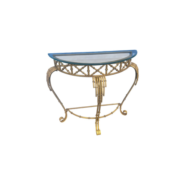 Hollywood Regency Faux Bamboo Demilune Entry Console Table with Mirror