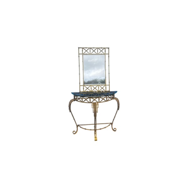 Hollywood Regency Faux Bamboo Demilune Entry Console Table with Mirror