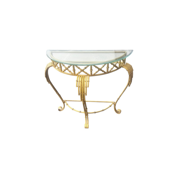 Hollywood Regency Faux Bamboo Demilune Entry Console Table with Mirror