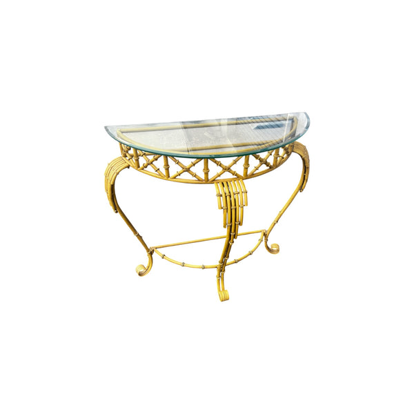 Hollywood Regency Faux Bamboo Demilune Entry Console Table with Mirror