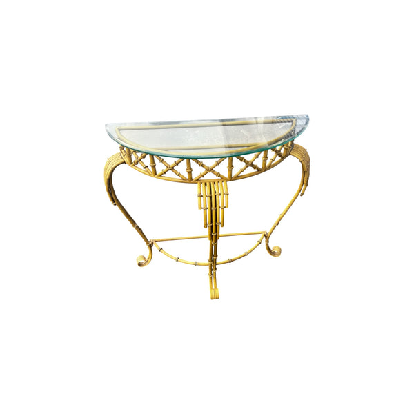 Hollywood Regency Faux Bamboo Demilune Entry Console Table with Mirror