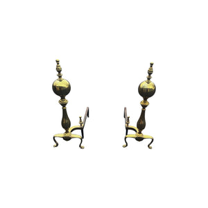Pair Chippendale Style Cannonball Brass Fireplace Andirons