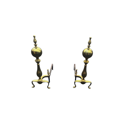 Pair Chippendale Style Cannonball Brass Fireplace Andirons