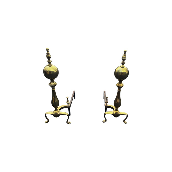 Pair Chippendale Style Cannonball Brass Fireplace Andirons