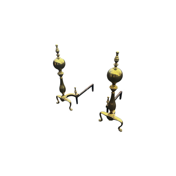 Pair Chippendale Style Cannonball Brass Fireplace Andirons