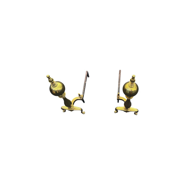 Pair Chippendale Style Cannonball Brass Fireplace Andirons