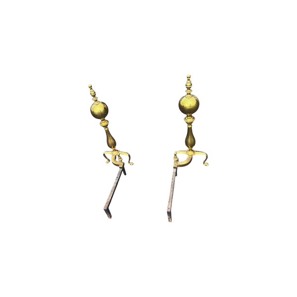 Pair Chippendale Style Cannonball Brass Fireplace Andirons