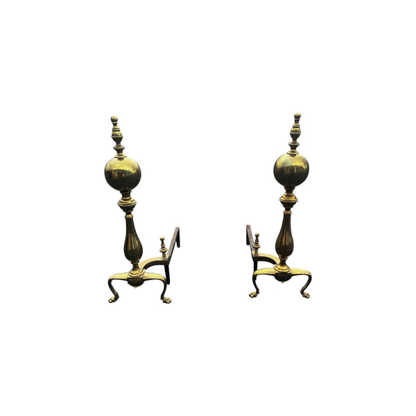 Pair Chippendale Style Cannonball Brass Fireplace Andirons