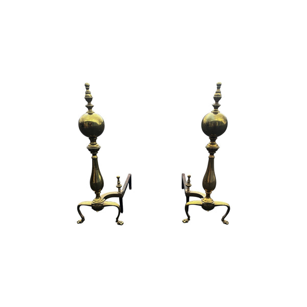 Pair Chippendale Style Cannonball Brass Fireplace Andirons