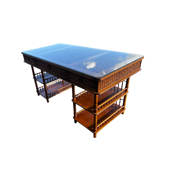 Tommy Bahama British Colonial Bamboo and Rattan Desk with glass top
