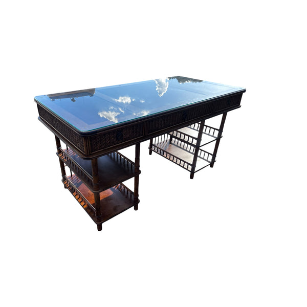 Tommy Bahama British Colonial Bamboo and Rattan Desk with glass top