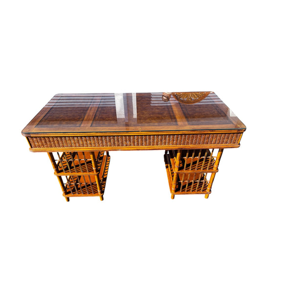 Tommy Bahama British Colonial Bamboo and Rattan Desk with glass top