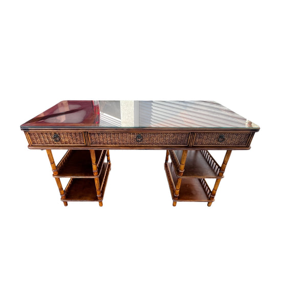 Tommy Bahama British Colonial Bamboo and Rattan Desk with glass top