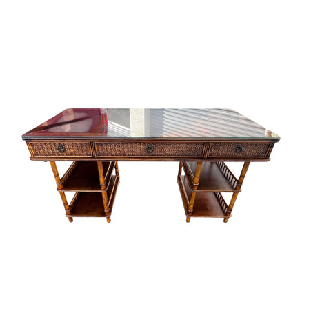 Tommy Bahama British Colonial Bamboo and Rattan Desk with glass top