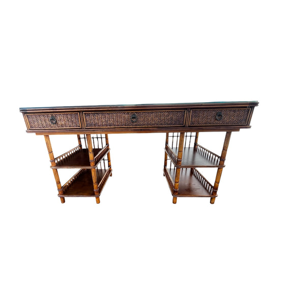 Tommy Bahama British Colonial Bamboo and Rattan Desk with glass top