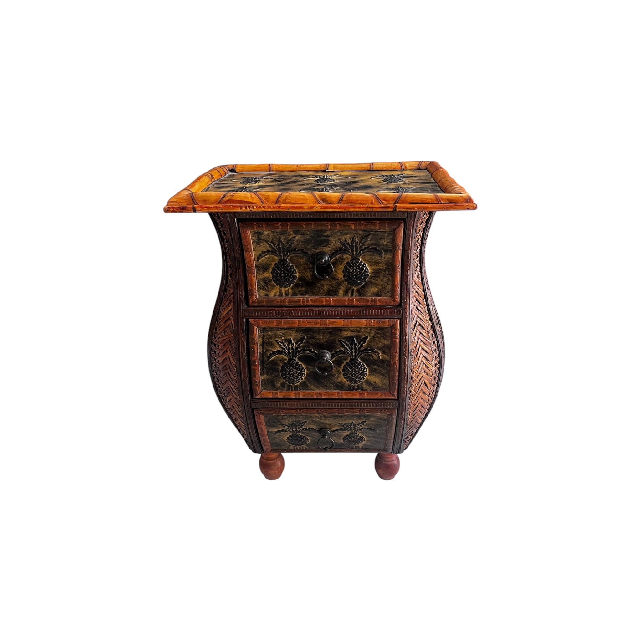 Small bamboo and wood 3 drawers end table cabinet pineapple top.