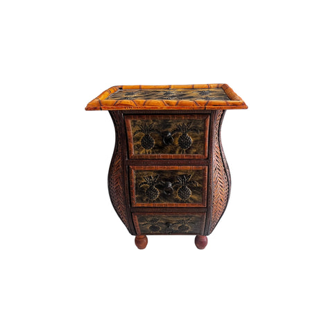 Small bamboo and wood 3 drawers end table cabinet pineapple top.