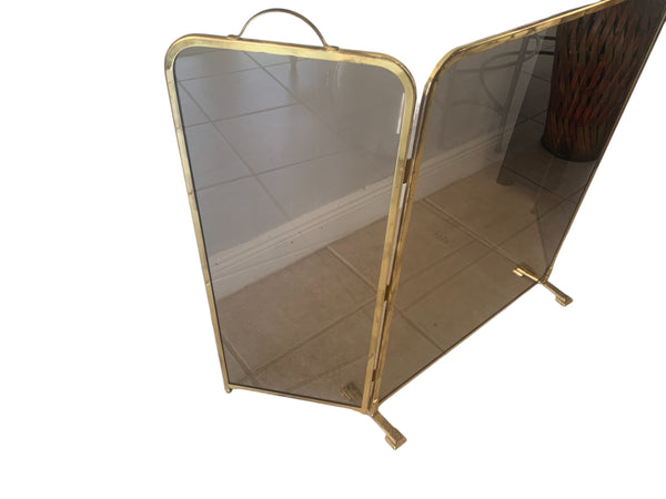 Vintage 3 smoked Glass Panels Fireplace Screen in a Brass Frame