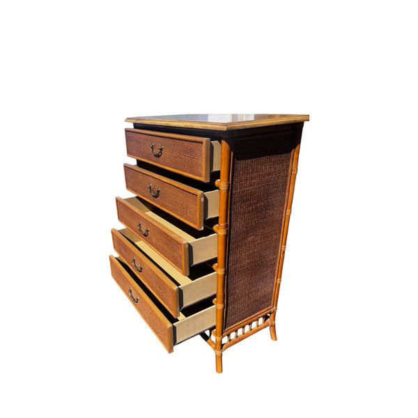 Burnt Bamboo and rattan 5 drawers chest.