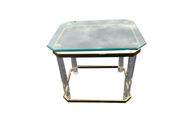 Mid Century Lucite Brass Plated and Glass Side/End Table
