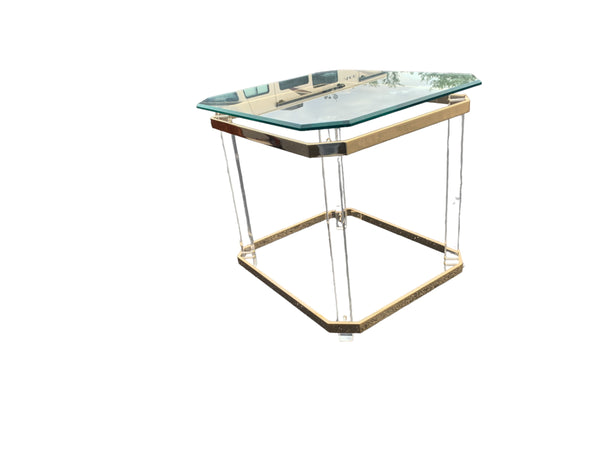 Mid Century Lucite Brass Plated and Glass Side/End Table