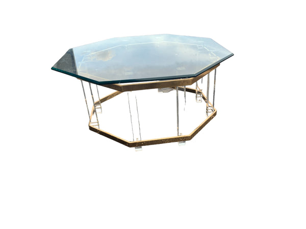 Mid Century Lucite Brass Plated and Glass Octagonal Coffee Table