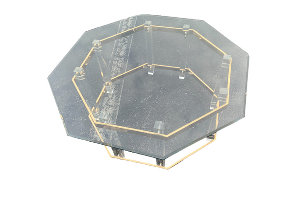 Mid Century Lucite Brass Plated and Glass Octagonal Coffee Table