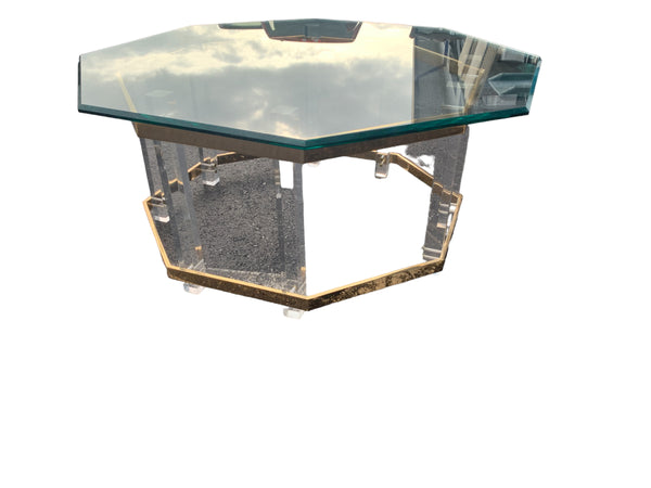 RESERVED Mid Century Lucite Brass Plated and Glass Octagonal Coffee Table