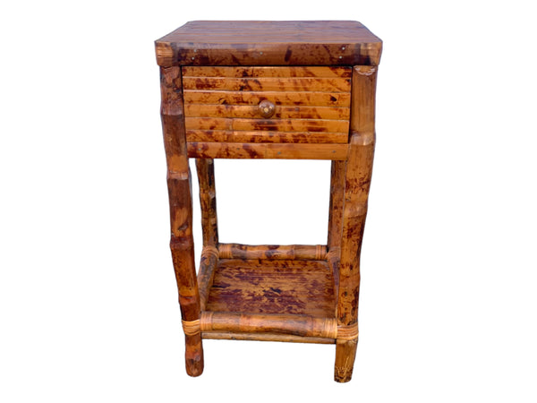 Vintage Burnt Bamboo Accent Table single drawer